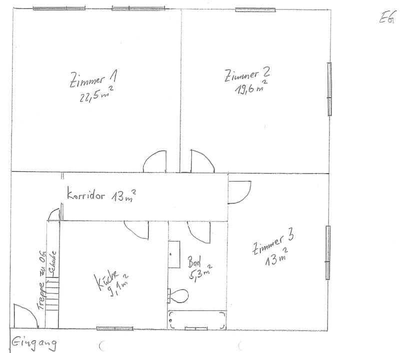 3 rooms, bathroom, kitchen, corridor