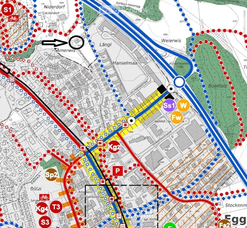 Map showing various transportation routes and stations, including S1, S2, S3, K2, T3, and others.