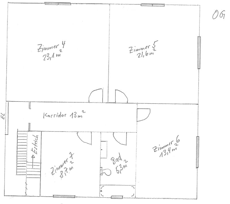 Corridor, 4 bedrooms, 1 bathroom, 1 entrance