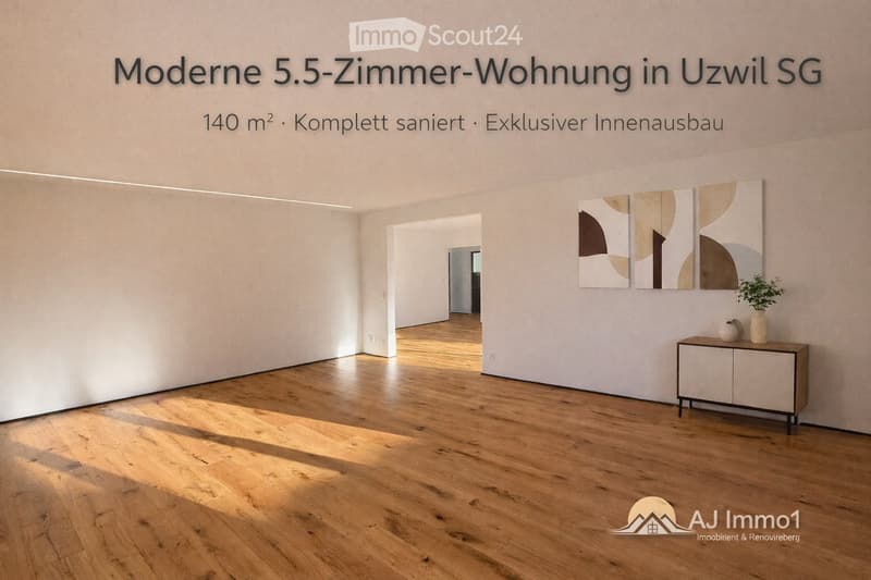 Modern, unfurnished room with wooden flooring, white walls, and a small cabinet with a vase and plant on top. Artwork is displayed on the wall.