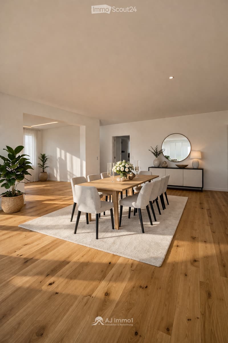 Dining room with wooden table, white chairs, white rug, white walls, wooden floor, plants, mirror, lamp, cabinet, flowers