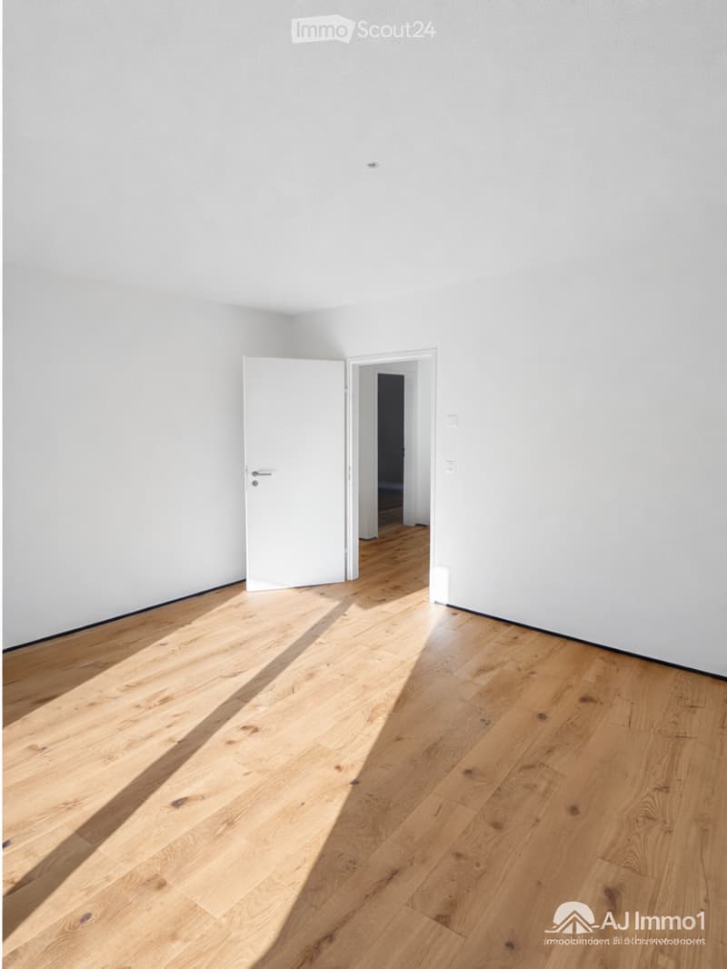 empty room, white walls, wooden floor, open door, sunlight