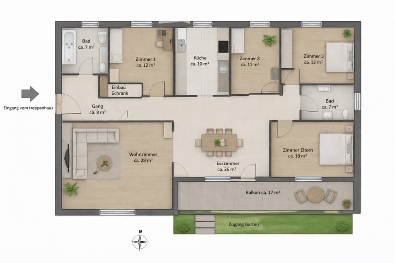 Floor plan of a 3-bedroom apartment with living room, dining room, kitchen, two bathrooms, hallway, and balcony.