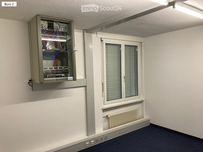empty room, white walls, blue carpet, window with blinds, electrical panel, radiator