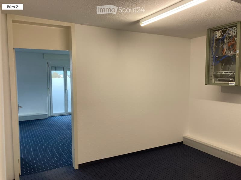 empty room, white walls, blue carpet, glass door, electrical box