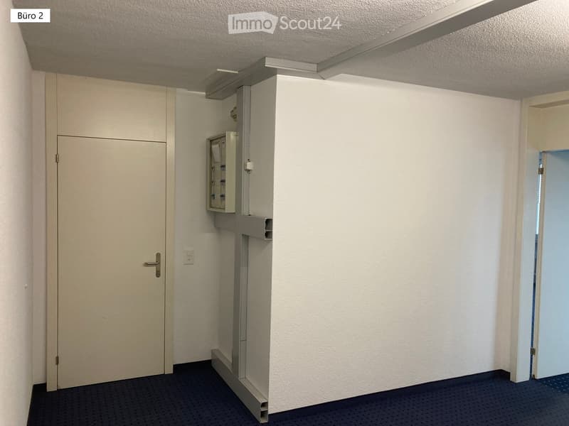 Empty room with white walls, blue carpet, white door, electrical panel, and a power outlet.