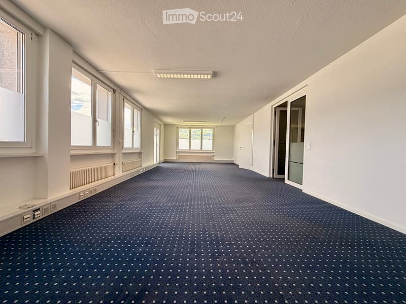 Empty room with blue patterned carpet, white walls, large windows, and radiators along the walls.