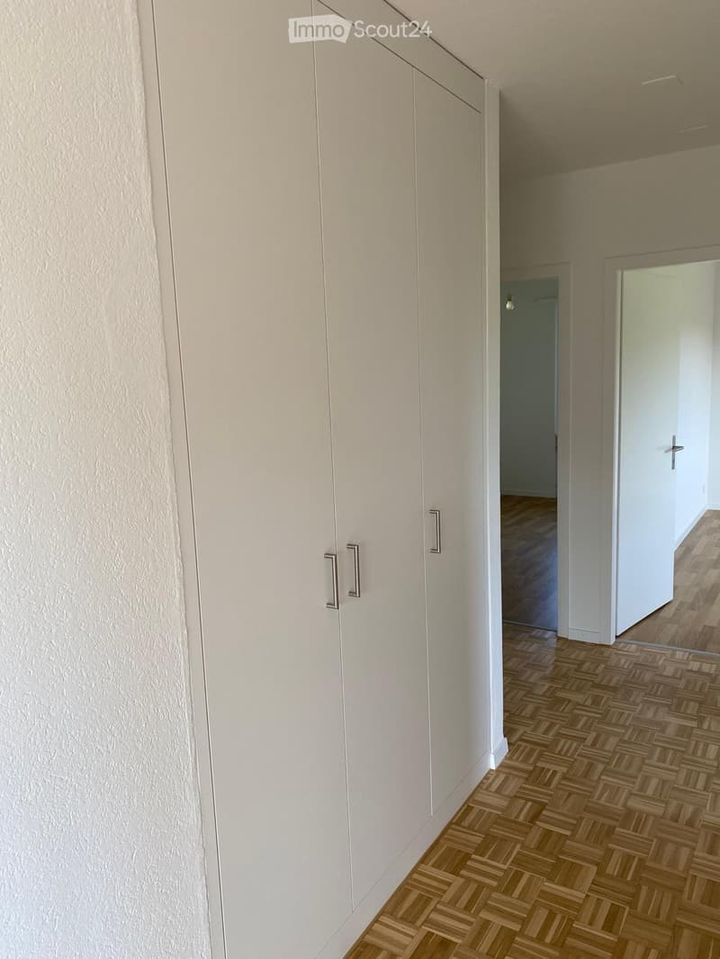 Empty room with white walls, wooden floor, large white wardrobe, open door leading to another room