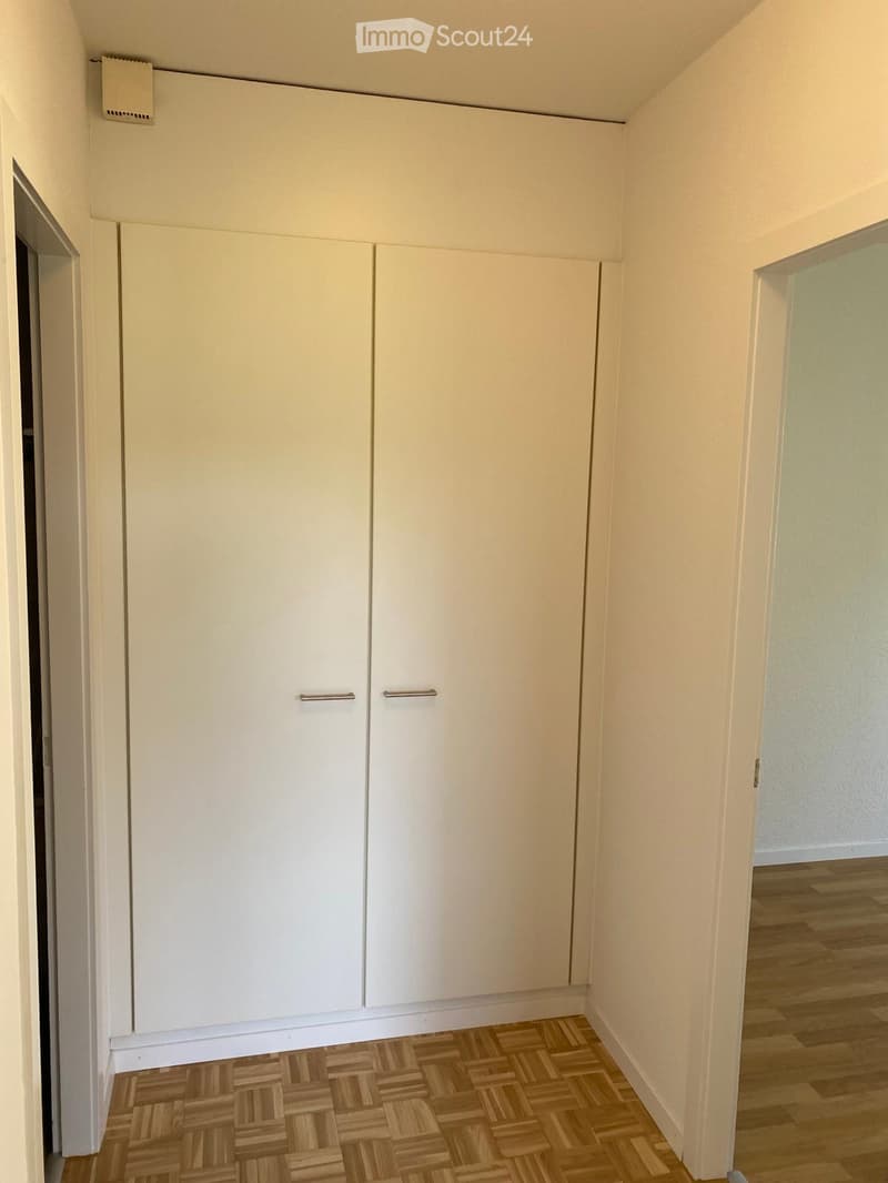 empty room with white walls, wooden floor, large white wardrobe