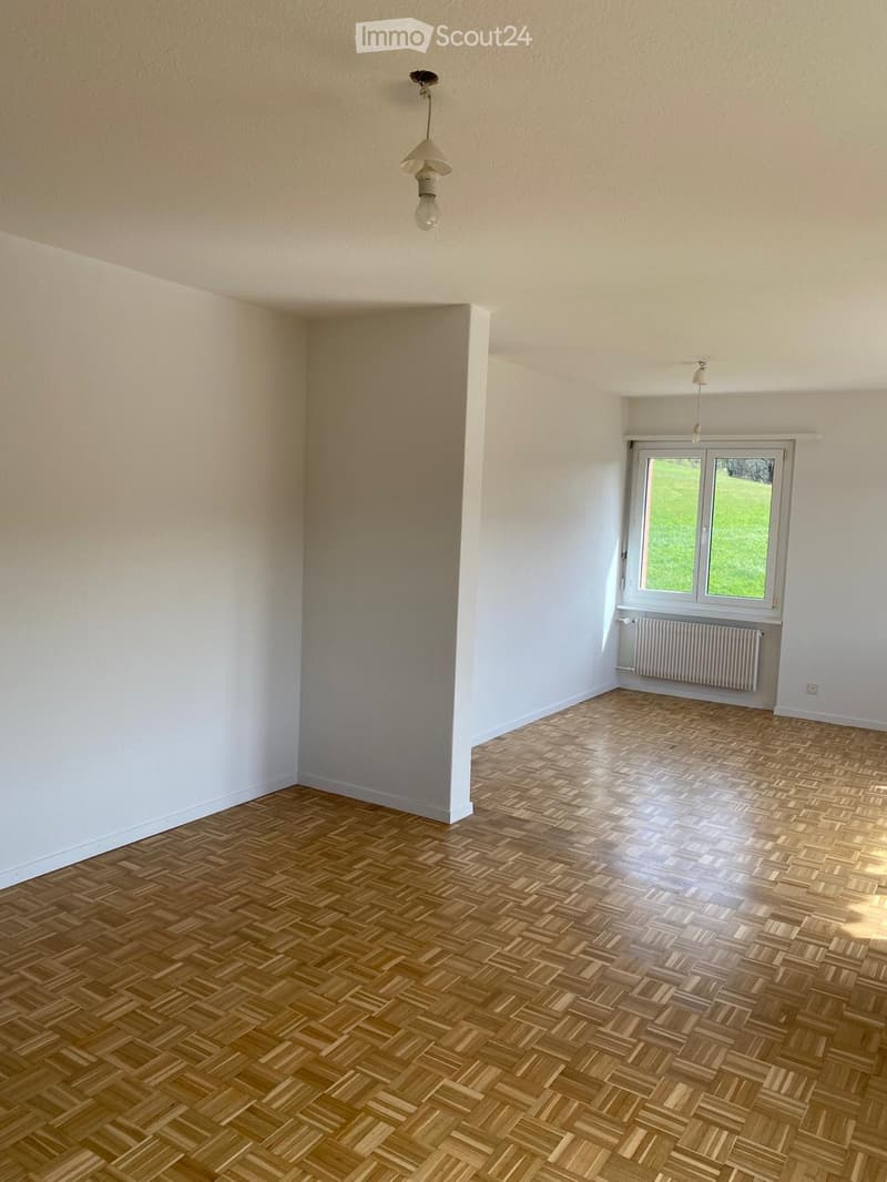 empty room, wooden parquet floor, white walls, large window, white radiator