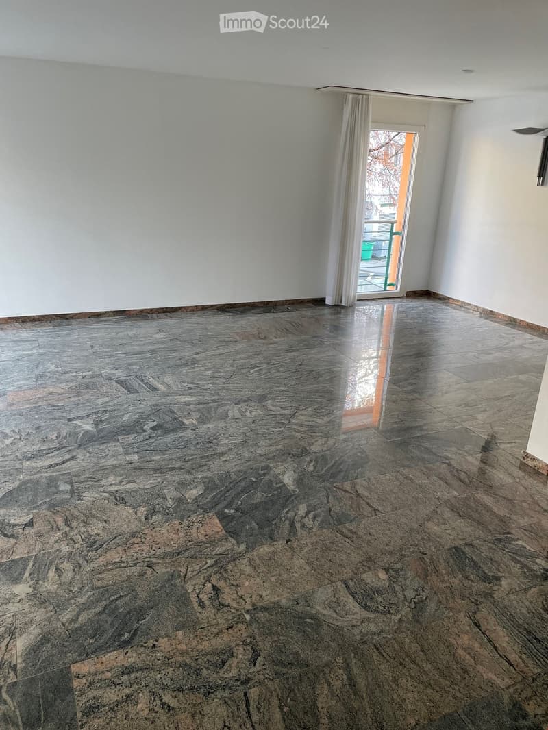 empty room, marble floor, white walls, glass door, balcony