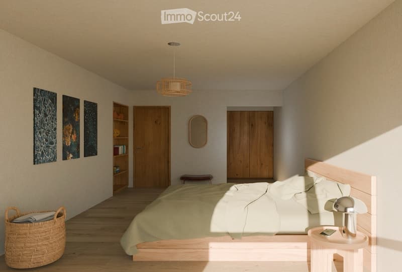 Bedroom with wooden bed, wooden nightstand, wicker basket, wooden shelves, wooden doors, mirror, lamp, and artwork on the wall.