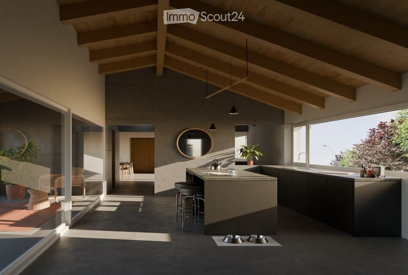 modern kitchen with large windows, wooden ceiling, island countertop, stools, plants, dog bowls