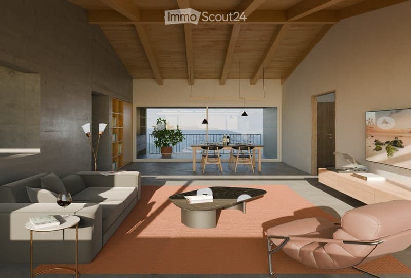 modern design, gray couch, coffee table, armchair, wooden ceiling, large windows, dining area, table, chairs, potted plant, TV, shelves, wine glass, books