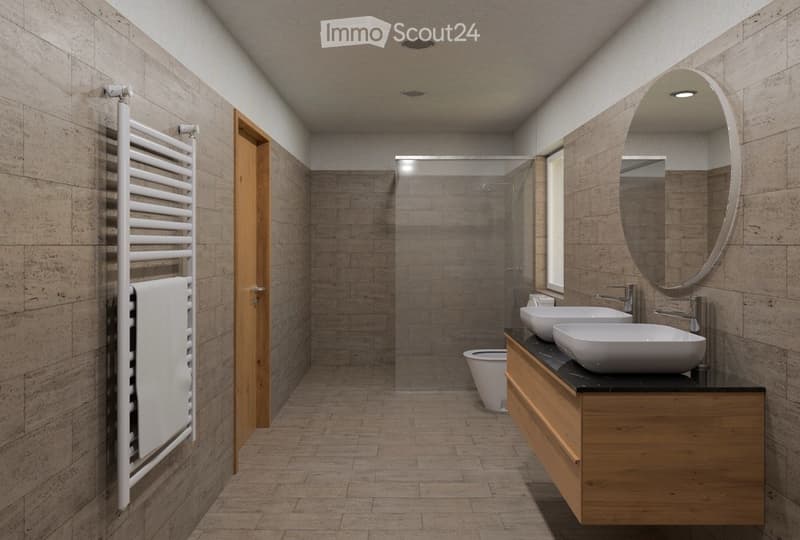 modern bathroom with two sinks, a shower, a toilet, and a towel rack