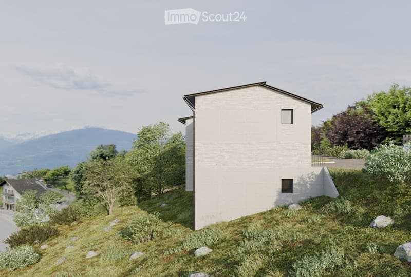 Modern house, white exterior, raised ground floor, 3 windows, located on a hill