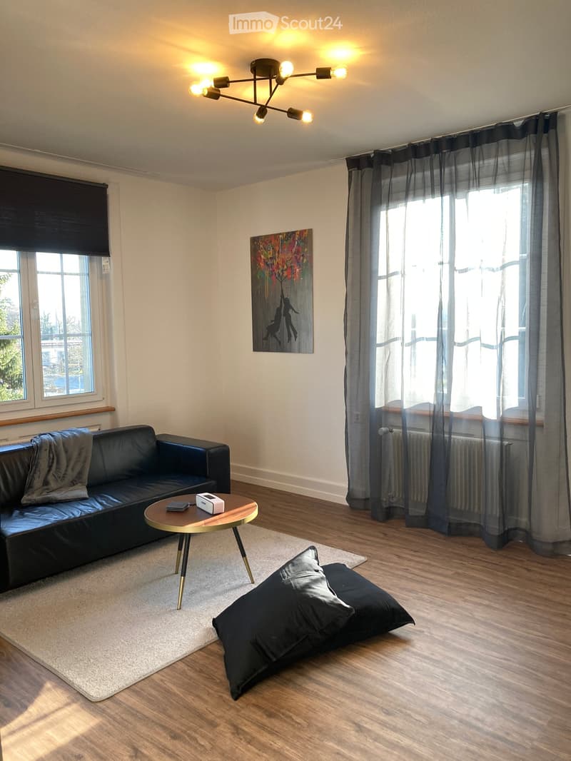 Living room with black leather couch, round coffee table, white rug, black pillows, and a painting on the wall.