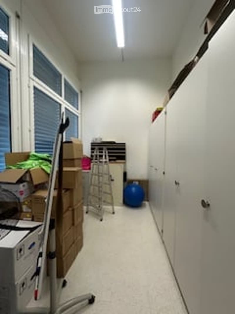 Storage room with boxes, ladder, and a ball
