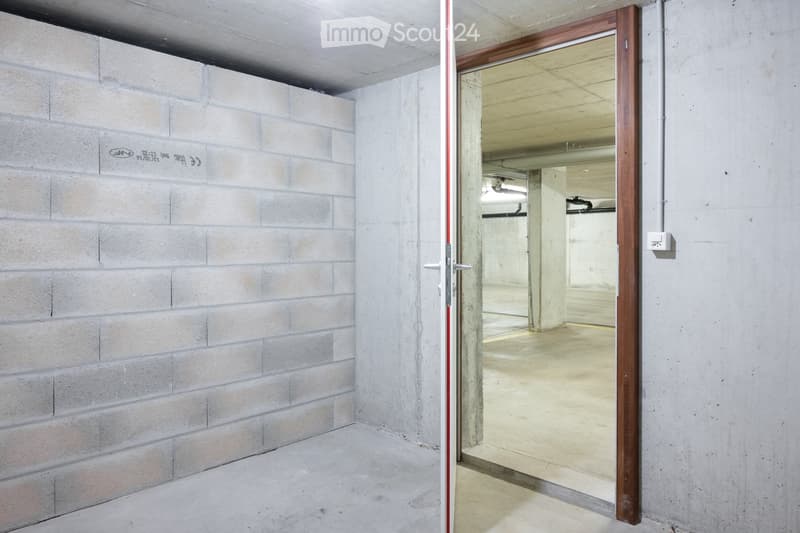 Corridor / Hallway. A concrete-walled corridor with a wooden door leading to a parking area, featuring exposed pipes and a light switch on the wall.