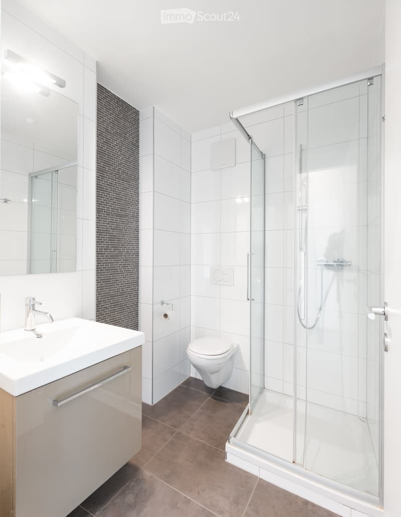 Bathroom. Modern bathroom with white tiles, a glass-enclosed shower, a white sink with a chrome faucet, and a toilet.