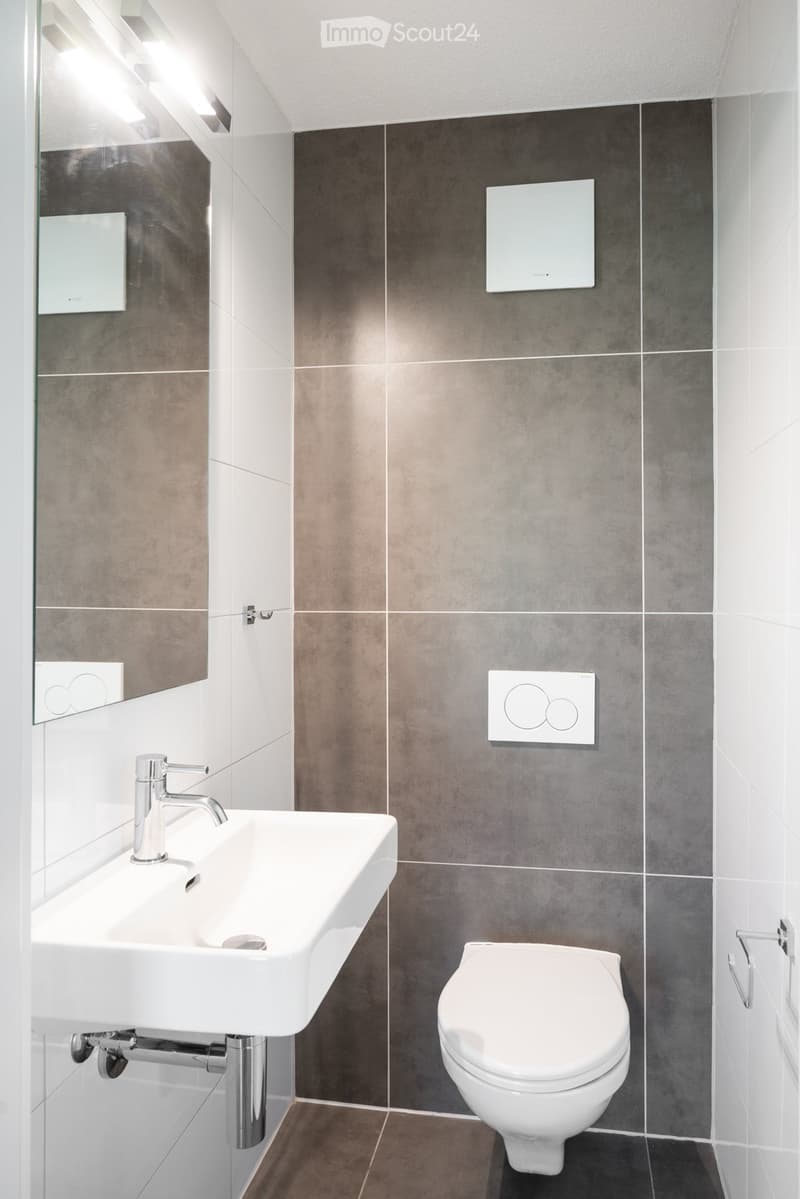 Bathroom. Modern bathroom with a white sink, chrome faucet, toilet, and large mirror. Grey and white tiled walls.