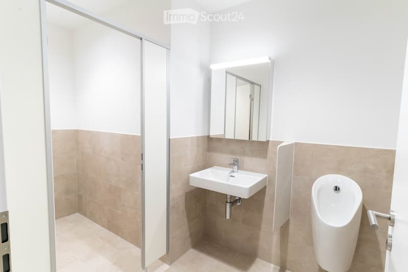 Bathroom with white sink, mirror, urinal, and tiled walls and floor.