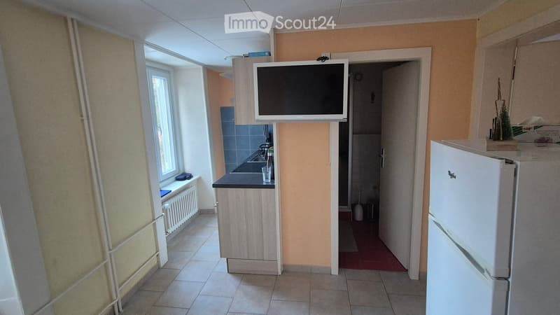 small kitchen with a TV, sink, and a refrigerator
