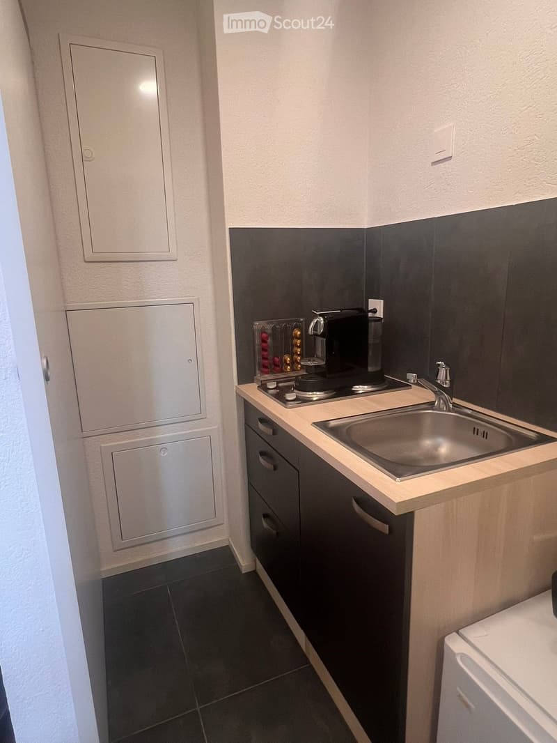 small kitchen with sink, stove, coffee machine, cabinets, washing machine