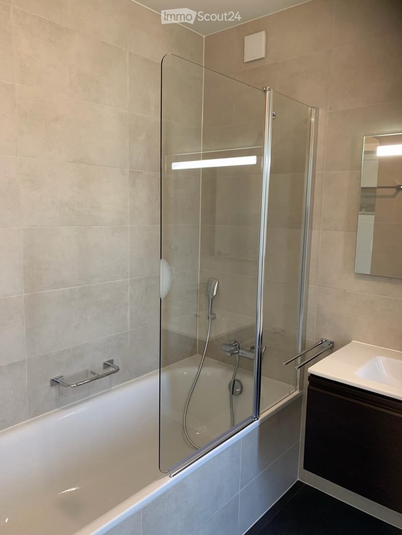 Bathtub, glass shower enclosure, sink, mirror, tiled walls, modern design