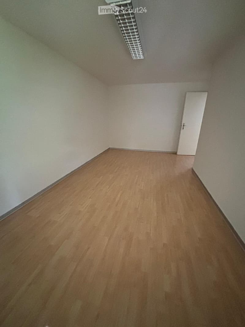 Empty room with wooden flooring and white walls, featuring a single white door and a ceiling light fixture.
