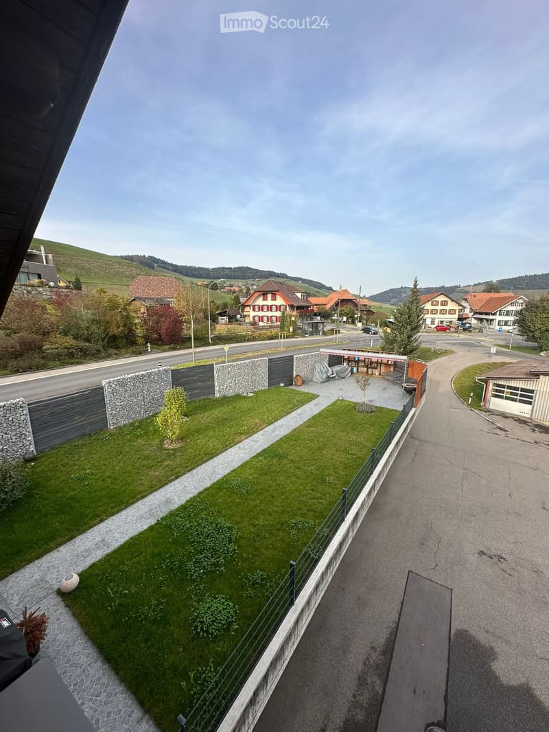 Aerial view of a garden with a pathway, green grass, and a stone wall. There are also plants and a small tree in the garden. The garden is surrounded by a fence and a road. In the distance, there are houses and a mountain range.