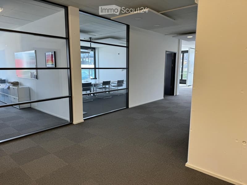 empty room, glass walls, carpeted floor, white walls, meeting table, chairs
