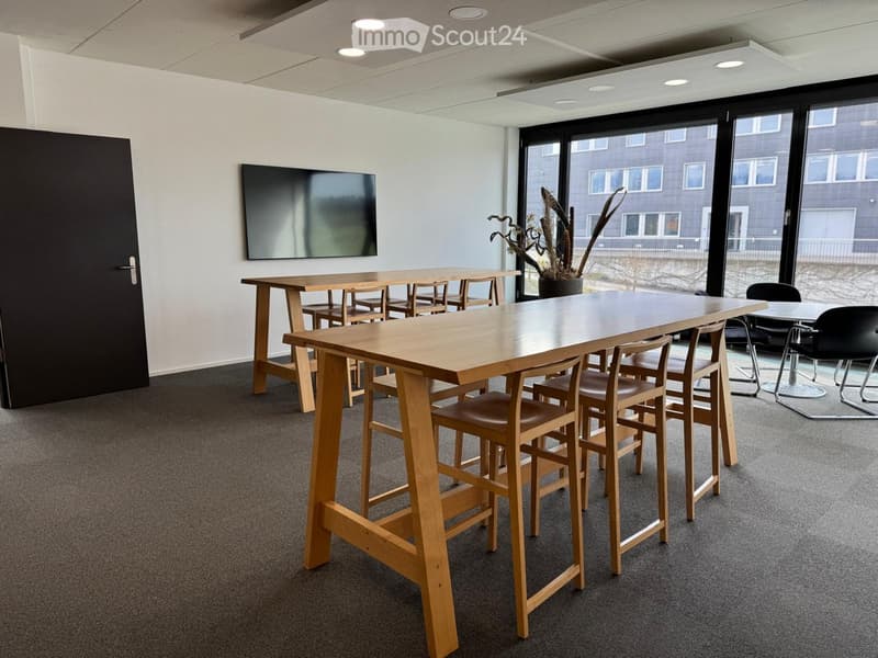 Empty room with two wooden tables, chairs, a TV, and a potted plant.