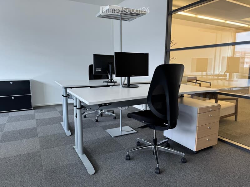 modern office with white desks, black chairs, computer monitors, and a glass wall