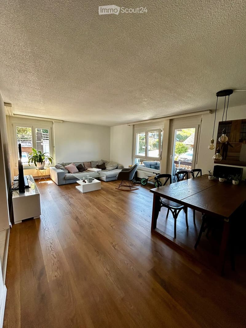 Living room with hardwood floors, a gray couch, a white coffee table, a TV, a rocking chair, a dining table, and a potted plant.
