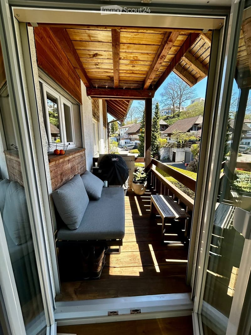wooden ceiling, wooden floor, couch, bench, potted plants, wooden railings, glass door
