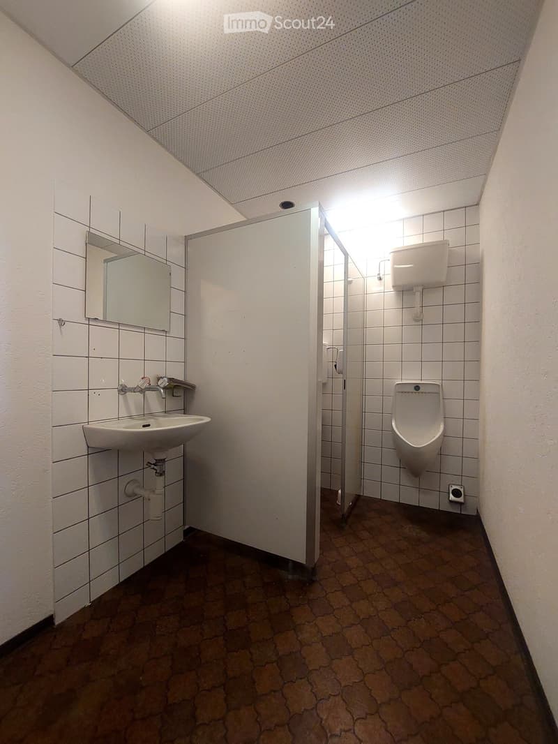 white tiled walls, white sink, urinal, mirror, brown tiled floor