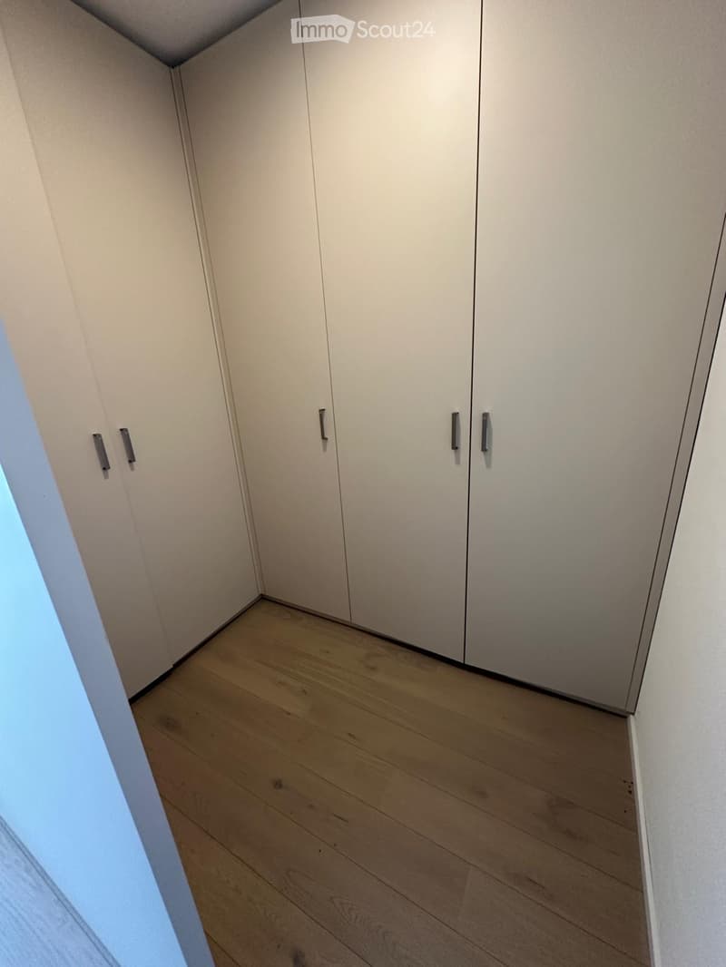 Empty room with white built-in wardrobes and wooden floor