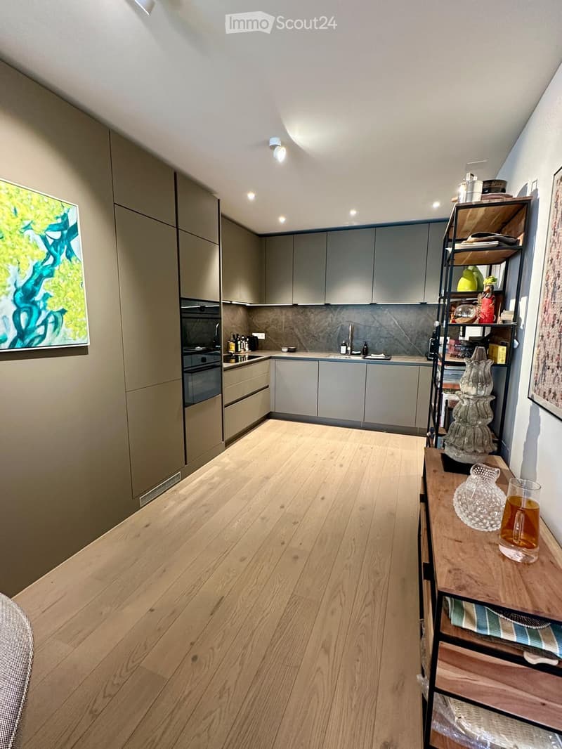 modern kitchen with wooden floor, gray cabinets, built-in oven, sink, countertop, decorative items on shelf