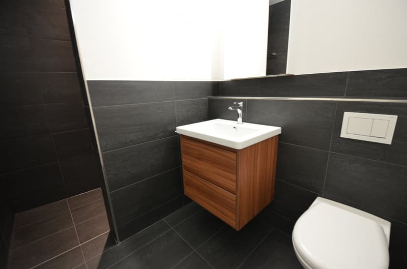 modern bathroom with white sink, wooden cabinet, white toilet, black tiles