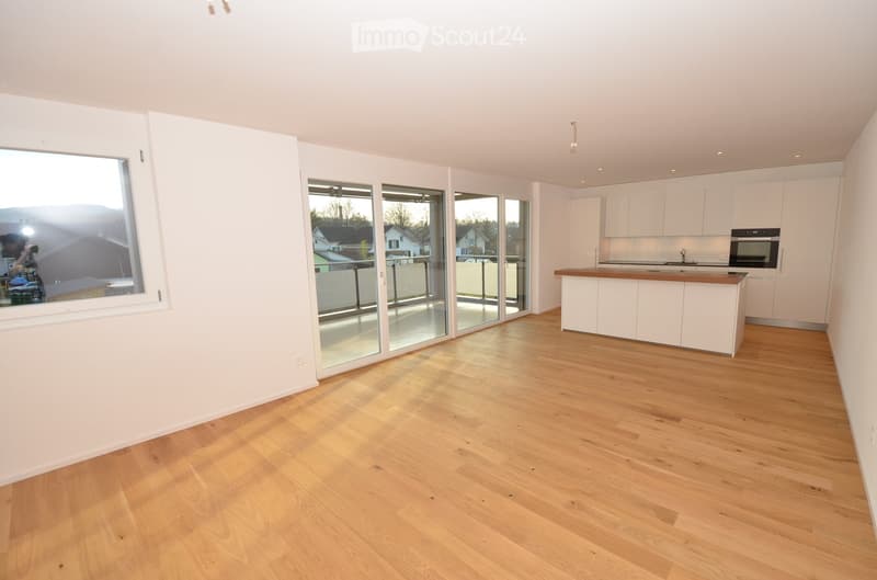 Open kitchen, large windows, balcony, wooden floor