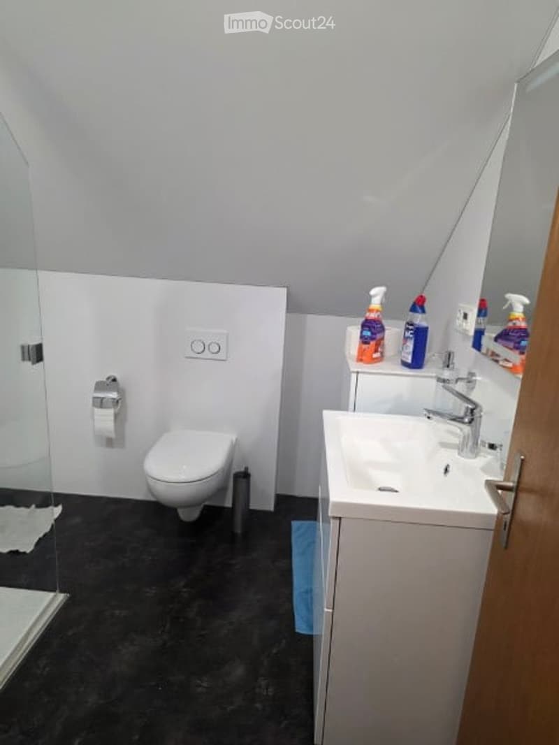 Bathroom with white walls, black floor, glass shower, white toilet, white sink, mirror, and cleaning products