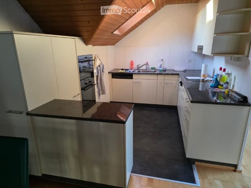 modern kitchen with white cabinets, black countertops, stainless steel appliances, wooden floor, and a skylight