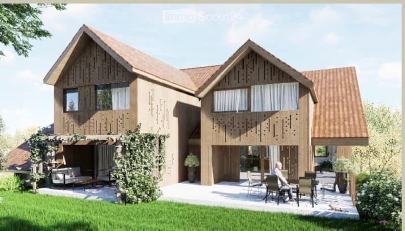 modern wooden house, brown roof, large windows, terrace, garden, patio, outdoor seating