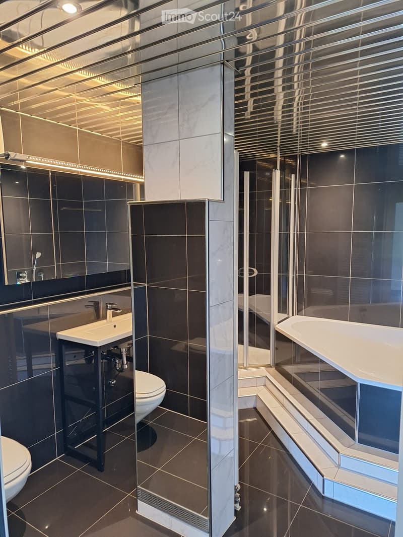 Modern bathroom with black and white tiles, a white sink, a mirror, a toilet, and a glass shower enclosure.