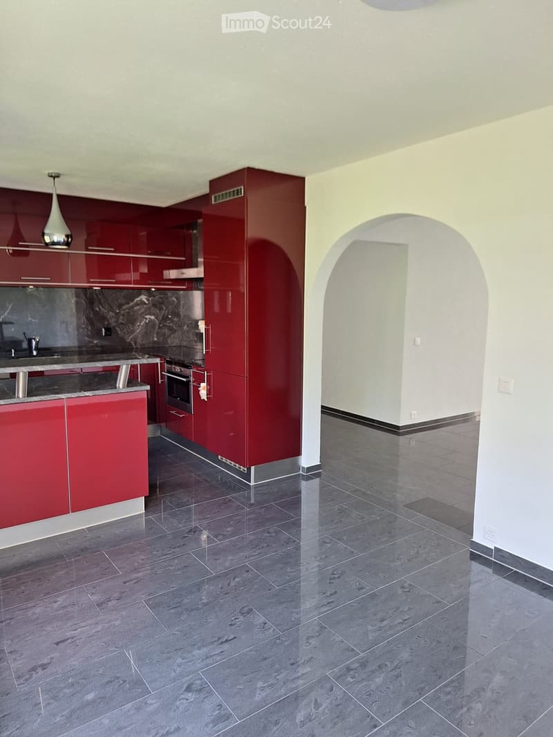 Modern kitchen with red cabinets, stainless steel countertop, and a sleek pendant light. The kitchen includes a sink with a faucet, an oven, and an archway leading to another room. Power outlets are visible on the wall.