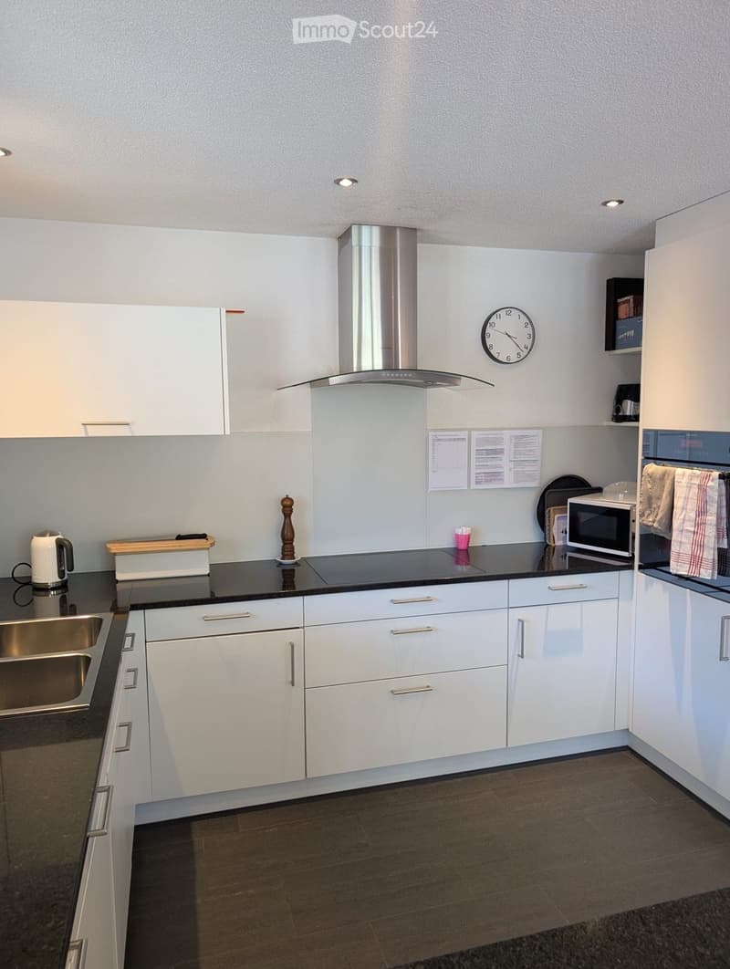modern kitchen, white cabinets, black countertops, stainless steel appliances, microwave, sink, clock, towel rack