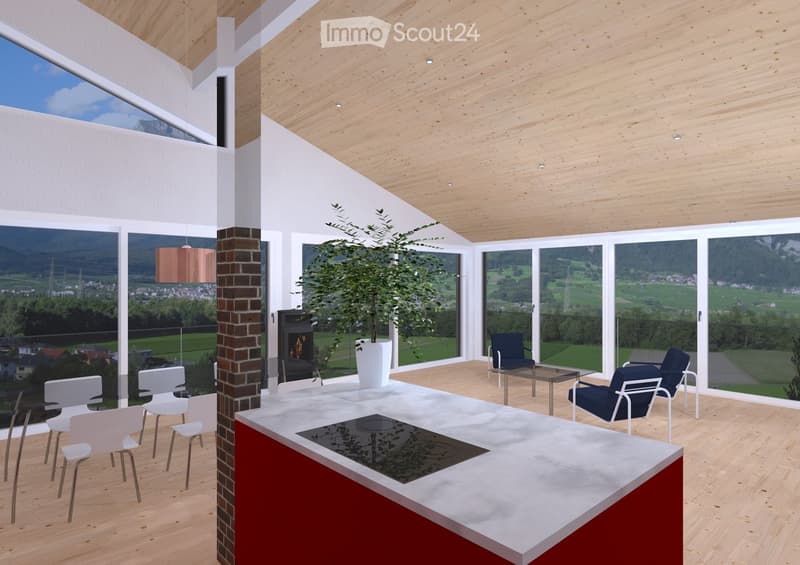 Spacious open-plan living area with large windows offering scenic views, wooden ceiling, brick fireplace, modern furniture including chairs and a table, and a potted plant decoration.