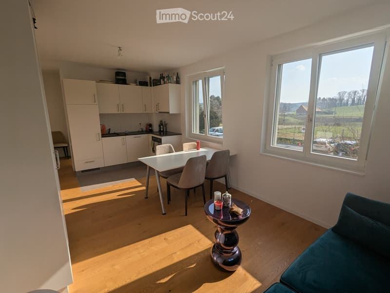 Dining area with a table and chairs, kitchen with cabinets, a couch, and a window with a view of the outside