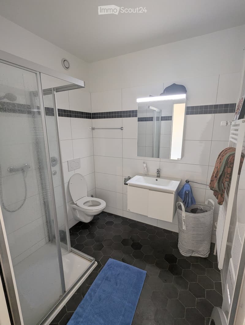 white tiles, glass shower, white toilet, white sink, mirror, towel rack, laundry basket, blue rug